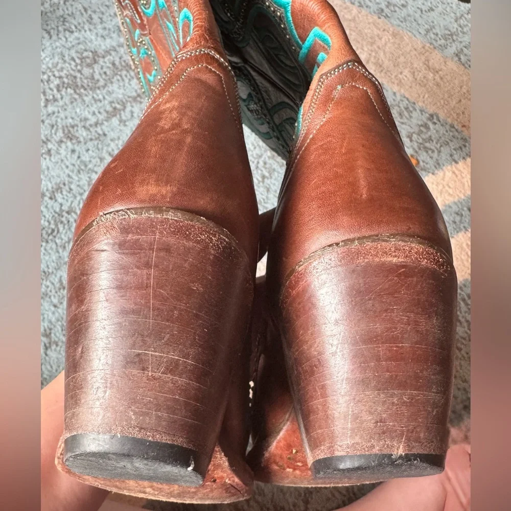 Lucchese Brown and Teal Heeled Western Boots - Picture 7 of 11